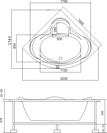 Акриловая ванна с гидромассажем МЕГА 1600x1600
